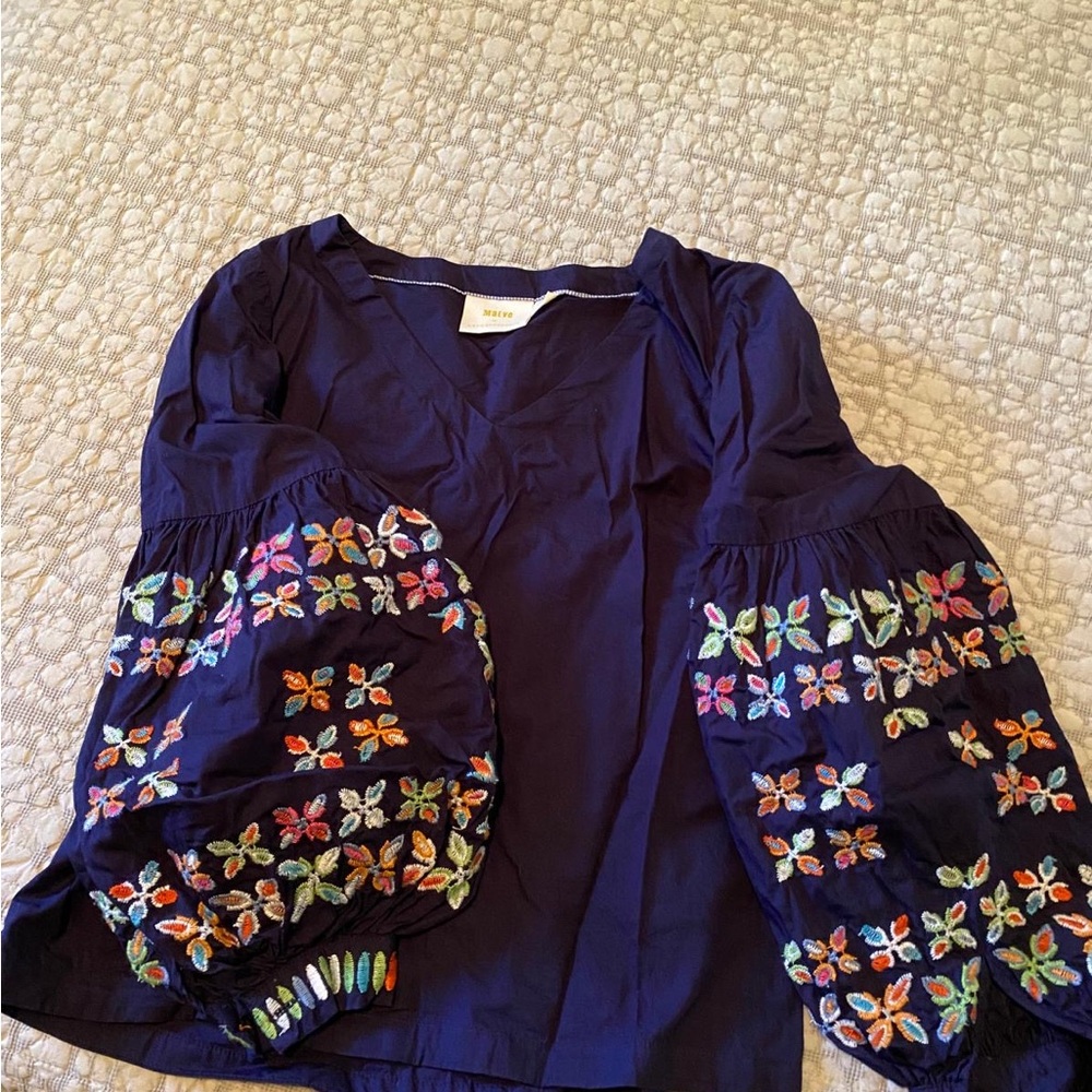 Anthropologie Navy Top with Multicolor Embroidery Maeve